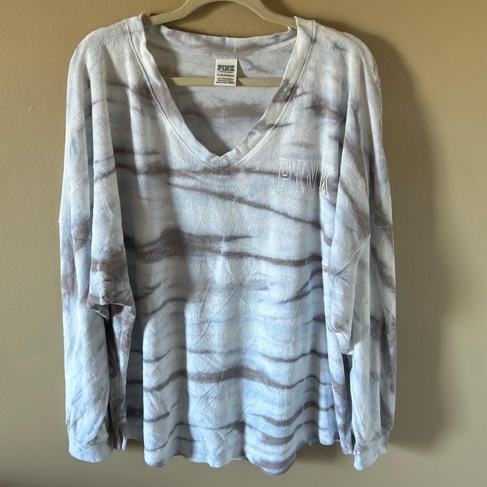 VS Pink v-neck sweatshirt. Terry cloth material on the outside.  Size XL